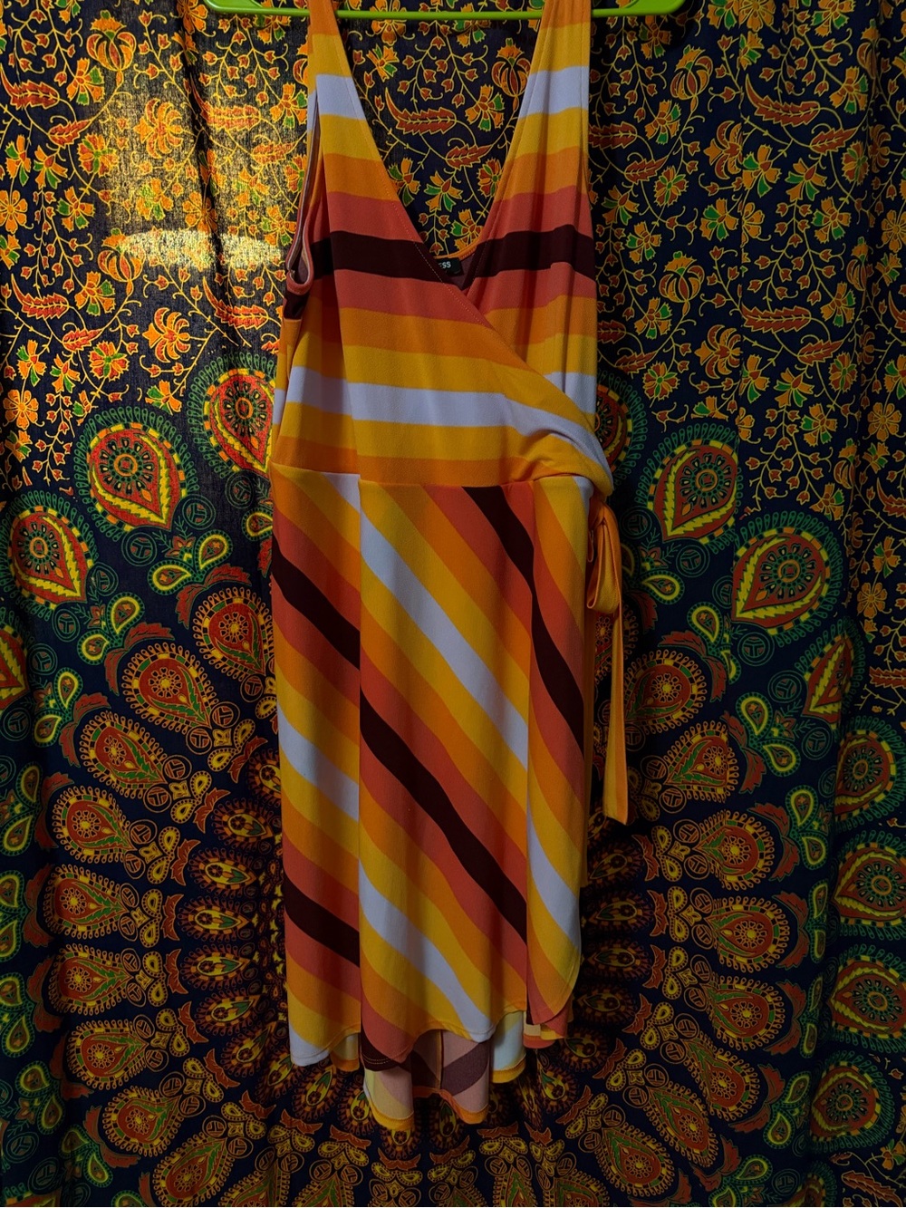 Express Striped Wrap Midi Dress in Yellow, Orange, White, and Brown
